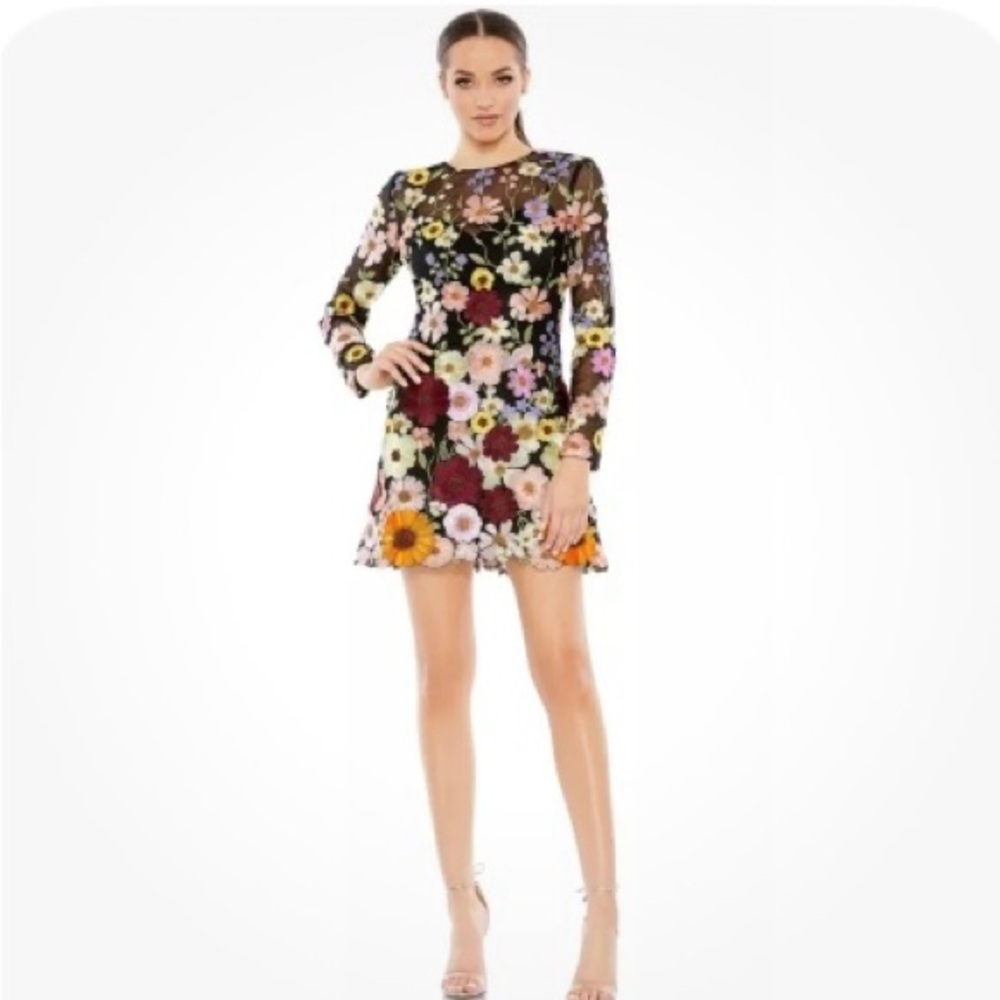Mac Duggal Multicolor Floral Long Sleeve Dress